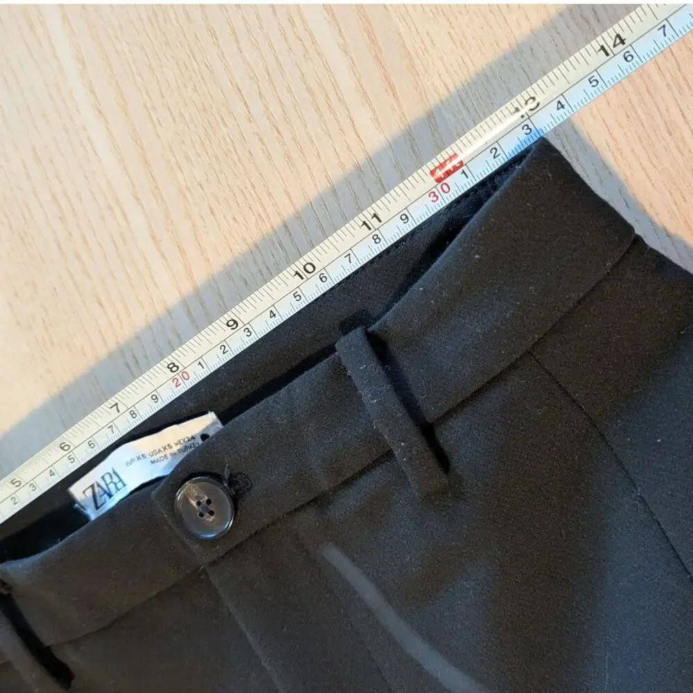 Zara Pants Womens XS Full Length Trousers Black Pleated Straight Leg Ankle Slit